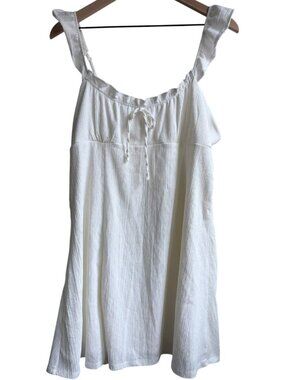 White Boho Babydoll Mini Dress XL Flowy Summer Sundress Ruffle Strap Tie Front
